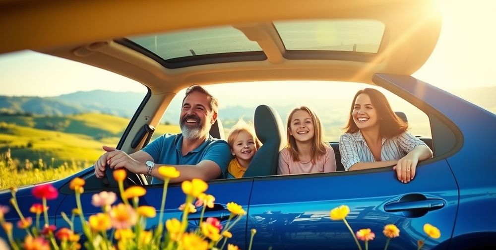 A tranquil scene of a family happily enjoying a road trip in their insured car, scenic landscapes in the background, bright colors symbolizing happiness and peace.