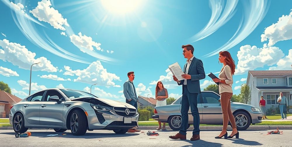 A detailed illustration of a car accident scene showing a driver and passengers discussing with an insurance advisor, with paperwork and cars in the background under a bright sky.