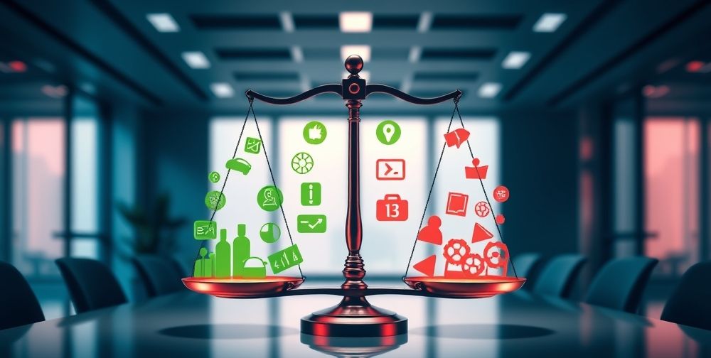 A graphic representation of the pros and cons of third-party car insurance, visually displaying a balance scale with benefits on one side and drawbacks on the other, set against a professional backdrop.