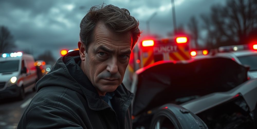An image showing a person assessing car damage after an accident, with a focused expression, surrounded by emergency service vehicles and a cloudy sky.