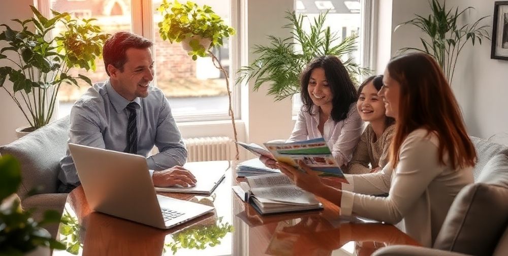 An image depicting a family discussing car insurance options with a professional advisor, with a bright and welcoming office environment, emphasizing trust and support.