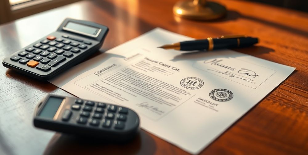 A close-up of a car insurance document, showing fine print, signature, and official seals, with a calculator and pen nearby on a wooden desk.