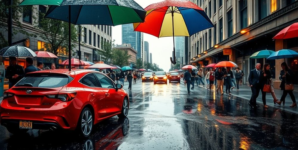 a detailed prompt describing a bustling city street after a rain shower, with a bright red car parked under an umbrella, people walking with umbrellas, and reflections in the puddles.