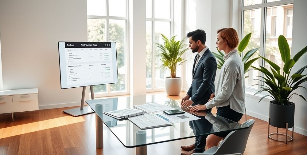 a highly detailed image of a car insurance agent discussing policy options with a young couple in a modern office setting, showcasing digital screens and documents.