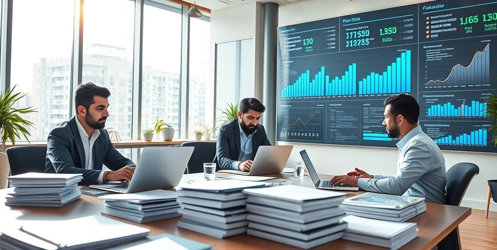 A modern office environment showing Iranian accountants working with laptops and financial documents, digital dashboards displaying key financial ratios and cashflow analysis charts, sunlight streaming through large windows, and a collaborative atmosphere focused on enhancing business efficiency.
