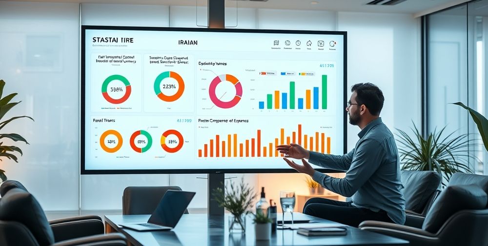 An advanced financial software dashboard on a large monitor, showing Iranian currency data, colorful pie charts, bar graphs comparing multi-year revenue and expenses, with a professional accountant explaining analytics to a business owner in an illuminated modern office.