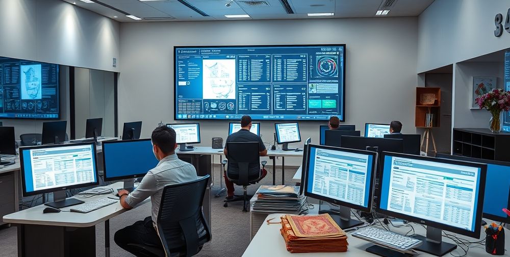 A modern Iranian office setting with accountants working on desktop computers, digital tax documents visible on screens, surrounded by Persian paperwork, and a large electronic filing system dashboard projected on a wall, all under bright professional lighting.
