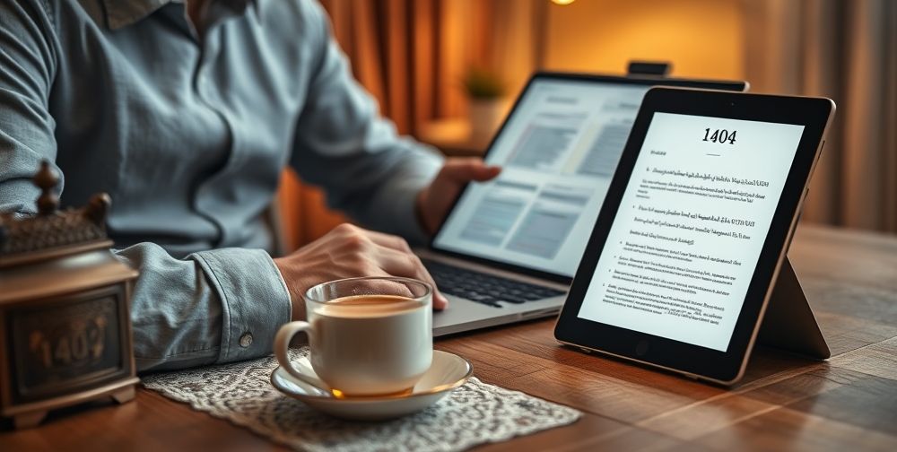 A close-up of an Iranian entrepreneur sitting at a cozy home desk, reviewing tax declaration paperwork on a laptop, a cup of tea and Persian calendar with 1404 date, and a digital tax FAQ page shown on tablet nearby.