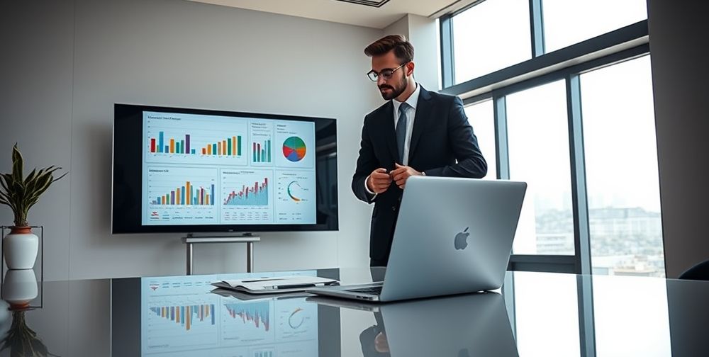 A modern Persian office setting with two accountants reviewing financial statements, charts projected on a smartboard, and a laptop open to accounting software, daylight streaming through large windows, all evoking a sense of precision and professionalism.