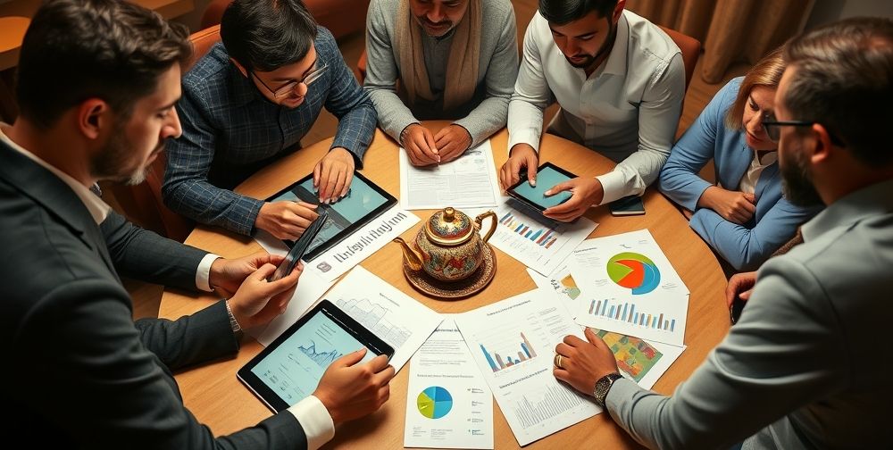 A close-up of diverse business owners reviewing detailed financial reports together at a round table, with tablets and printouts, accompanied by a Persian tea set and colorful infographics showing cost savings and avoided losses.
