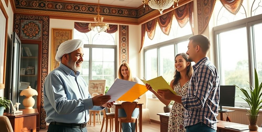 A warm, inviting insurance office with Persian décor, smiling agent presenting colorful insurance documents to a young family, daylight pouring through large windows, symbolizing trust and clarity.