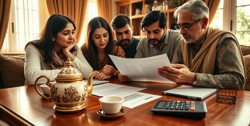 A detailed close-up of a Persian family reviewing life insurance documents at home, with a traditional tea set and digital calculator on the table, reflecting family unity and financial planning.