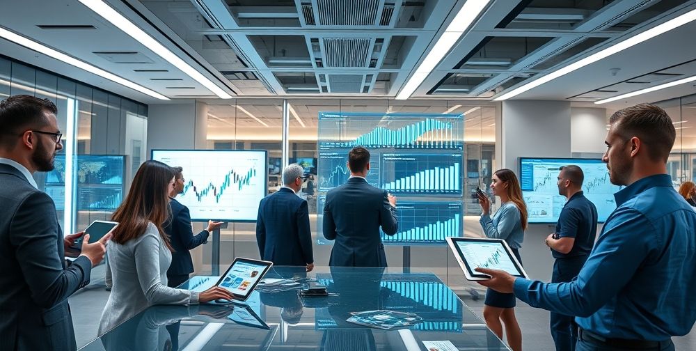 A modern financial services office with experts analyzing digital dashboards, team members discussing charts on smart screens, and touchpoints of technology like tablets and virtual monitors highlighting essential financial skills.