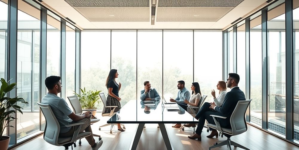 A dynamic scene in a modern conference room showing finance professionals with diverse backgrounds collaborating on projects, displaying effective teamwork, and stress management—natural daylight streaming through glass walls.