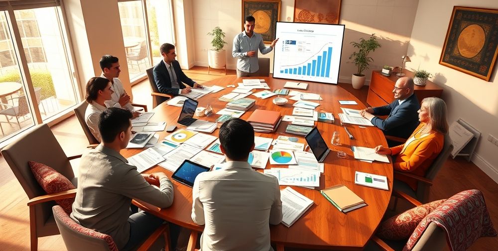 A detailed illustration of a Persian accounting firm’s conference table covered with audit checklists, chart reports, digital tablets, and financial ledgers. Team members—diverse in age and gender—are engaged in a collaborative review session, with one presenting findings using a large digital display panel. The space reflects modern furnishings with Persian decorative touches.