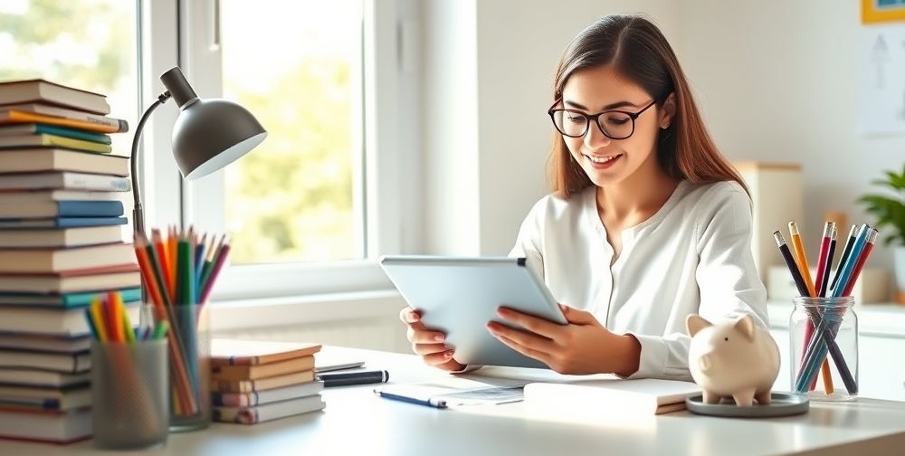 A bright, clean workspace with a young Iranian woman enthusiastically looking at investing charts on her tablet, surrounded by reference books, pens, and a piggy bank.