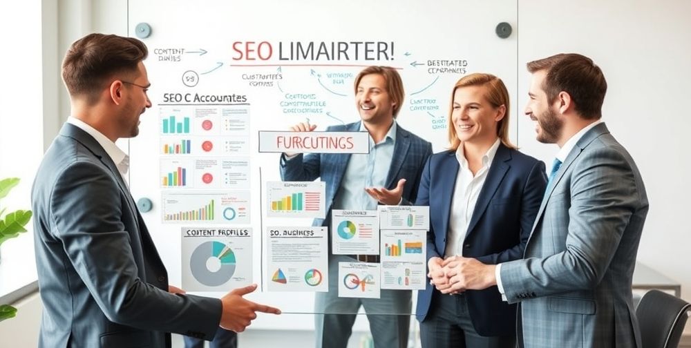 A friendly team of accountants in business attire collaborating around a glass board filled with SEO strategies, client personas, and digital content plans, conveying teamwork and content-driven marketing success.