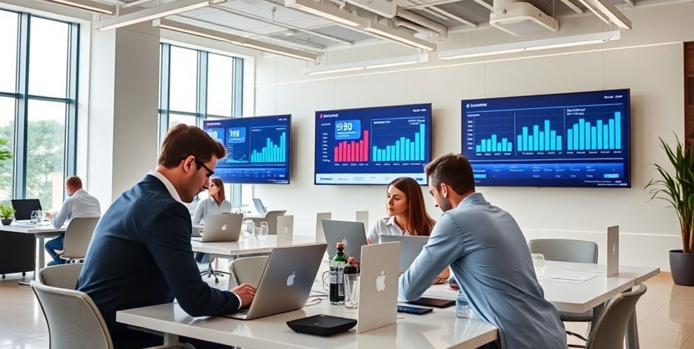 A modern office space with accountants collaborating over laptops, digital dashboards on large displays showing tax analytics, and an AI assistant providing real-time financial insights.