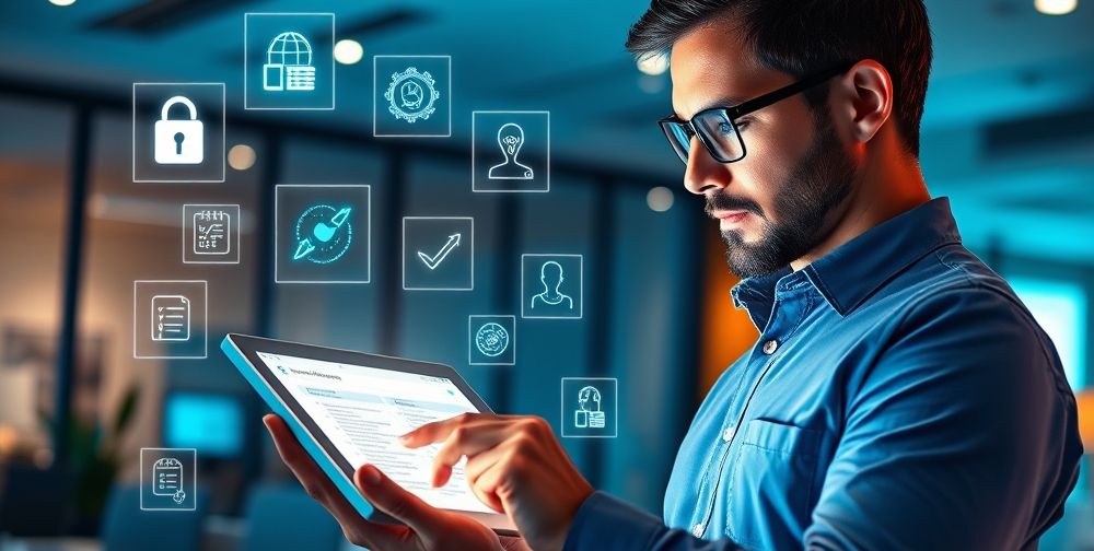 A creative illustration showing a business owner reviewing a digital tax return interface on a tablet, with floating icons for security, AI automation, and compliance checklists around them.