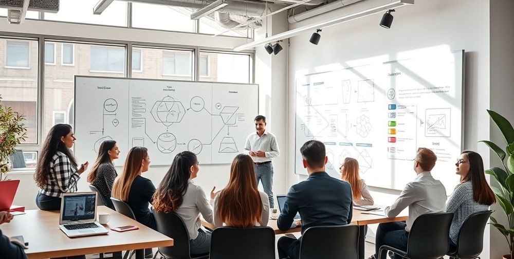A bright, modern Iranian coworking space where startup teams gather for a workshop. Large whiteboards filled with strategy diagrams, diverse young founders practicing presentations, and a professional guest instructor guiding lively group discussions.