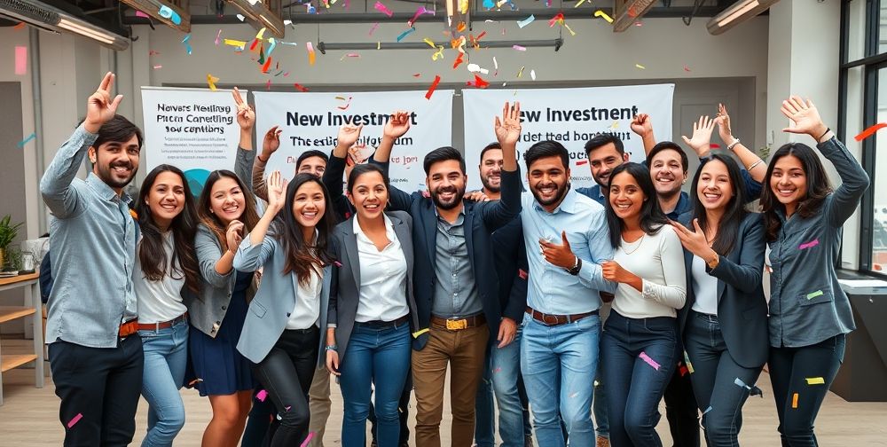 A group of aspiring young Iranian entrepreneurs celebrating after winning a pitch competition at a startup workshop, confetti falling, judges smiling, investment announcement banners behind them.