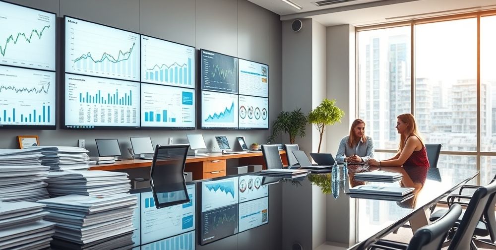 A professional accountant’s modern office, with multiple computer monitors displaying intricate financial charts, stacks of organised invoices and accounting documents, and a small group holding a meeting around a polished conference table.