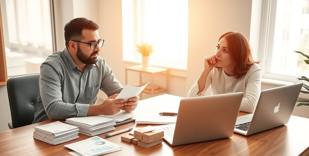 An Iranian business owner and a financial consultant discussing cost-saving strategies over a desk filled with tax documents, invoices, Persian banknotes, and a laptop displaying accounting software charts.