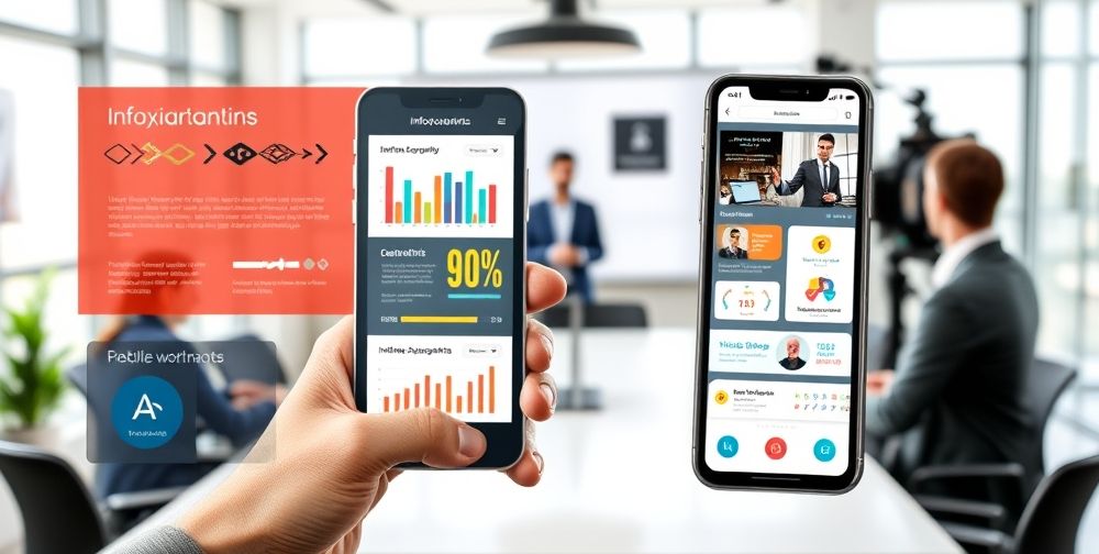 A dynamic social media campaign for an Iranian accounting firm, featuring engaging infographics, a smartphone with accounting app interfaces, professional accountants answering client queries on camera, and a modern office backdrop.