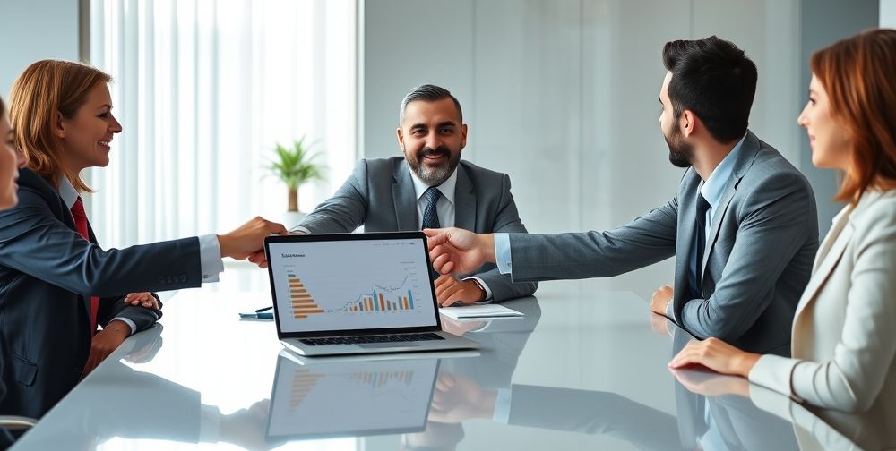 A trustworthy Iranian accounting consultant sitting at a conference table with business clients, handshake and laptop open showing a financial dashboard, symbolizing transparency, mutual trust, and professional success in accounting services.