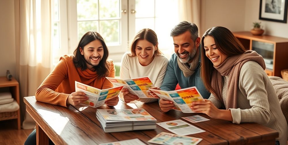 A happy Persian family sitting together at a wooden table, reviewing colorful life insurance brochures and discussing future financial plans. Sunlight gently filters into a cozy living room, highlighting documents and reassuring expressions.