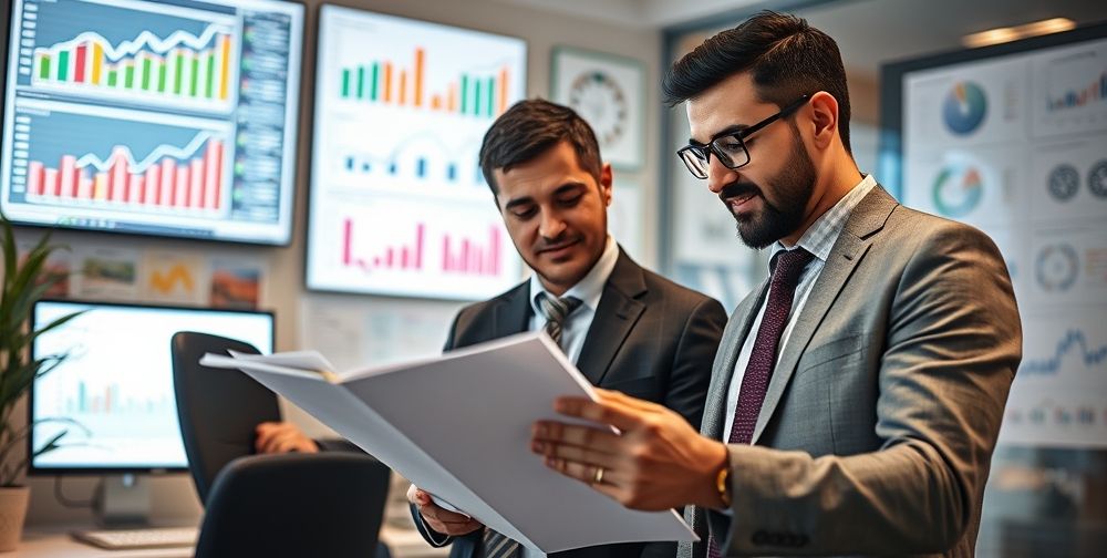 Close-up of Persian insurance agent gently guiding a young entrepreneur through various life insurance investment options. Office background shows charts, computer screens, and planning boards, emphasizing financial growth.