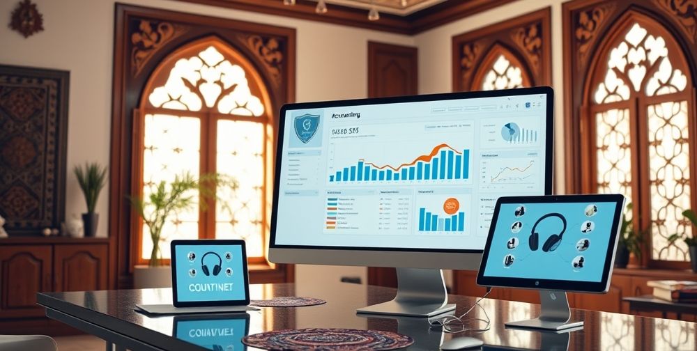 A user-friendly accounting software interface displayed on both a desktop monitor and a tablet, accompanied by icons showing security (a shield) and customer support (a headset), all set in a contemporary Persian office.