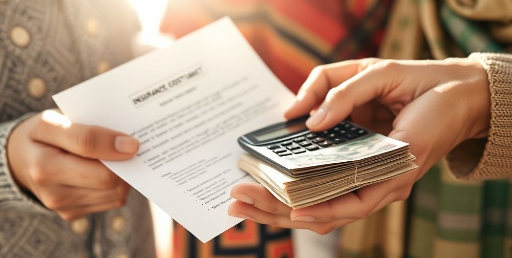 A close-up of Persian family hands holding a written insurance policy contract, calculator, and a neat stack of Iranian banknotes. Sunlight filters in, creating a hopeful and secure feeling, capturing a sense of responsible financial planning in daily life.