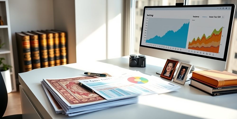A modern office desk with charts on tax savings, Persian legal books, a family photo beside an insurance document, and a digital screen showing a balance sheet graph, all under soft daylight reflecting financial growth and peace of mind.
