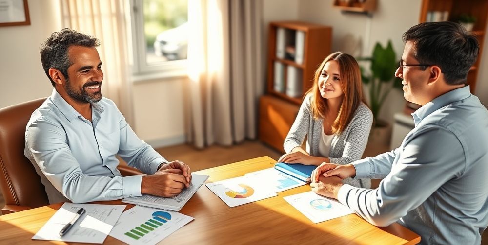 A friendly insurance advisor sitting at a cozy office desk, smiling and attentively listening to a young couple as they share their concerns; documents and infographics about life insurance visible on the table, sunlight streaming softly from a window.