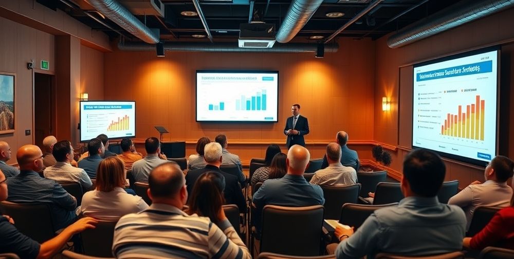 A warm, modern seminar room filled with attentive sales agents learning practical life insurance presentation techniques from an experienced, engaging trainer. Big digital screens display charts and happy customer testimonials.