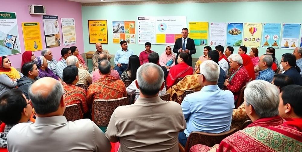 A color-rich scene showing a Persian insurance workshop, with women and men of diverse ages attentively listening to a friendly expert explaining the long-term advantages of life insurance, educational posters on the wall, lively yet professional ambiance.
