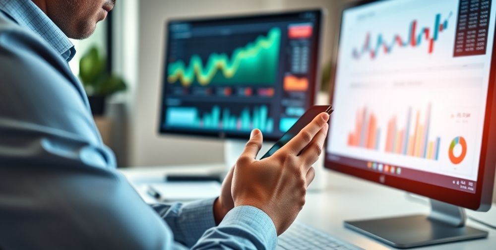 A close-up of an accountant holding a smartphone, replying to client questions on a business social media account interface, with financial charts and digital graphs visible on a computer screen nearby.