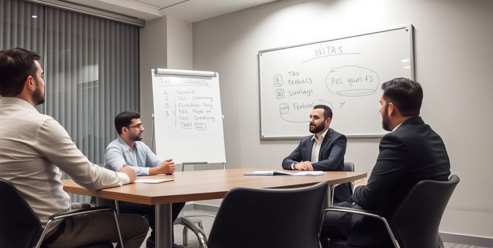 A modern meeting room in Tehran with Iranian financial advisors, a whiteboard showing tax reduction strategies, and confident small business owners discussing legal tax tips in a friendly atmosphere.