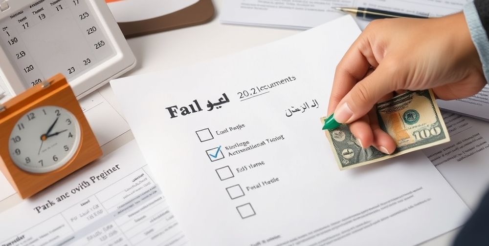 A closeup on organized Persian tax documents, a calendar showing the deadline, a checklist being ticked off by a confident businessperson’s hand, and Persian currency, emphasizing successful tax filing.