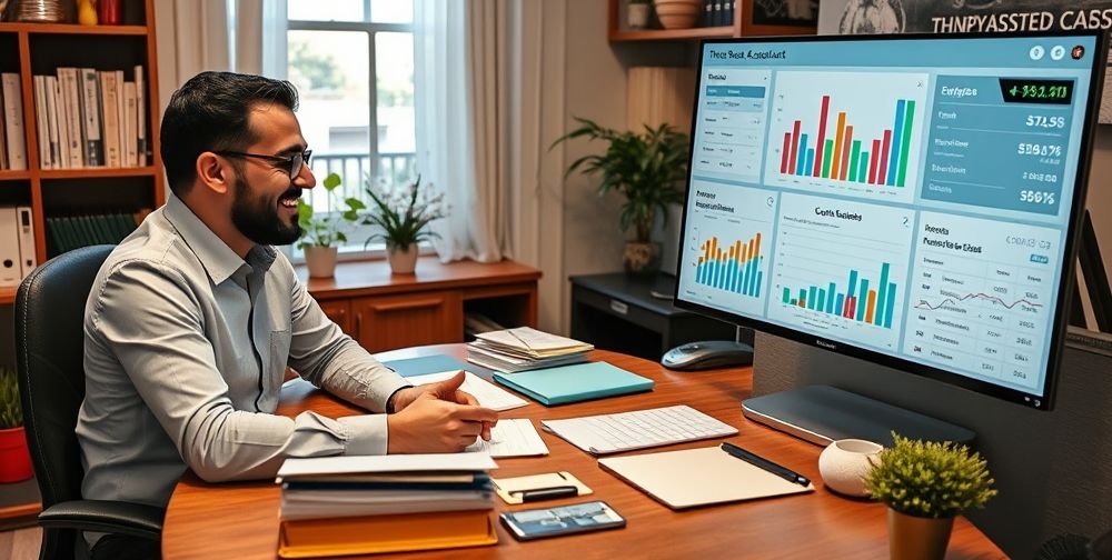 A friendly Persian accountant consulting with a small business owner in a cozy office. The desk is organized with folders, bills, and a large digital screen showing clear cash flow charts and accounts receivable summaries. The setting feels reassuring and supportive, emphasizing expert, trustworthy advice.