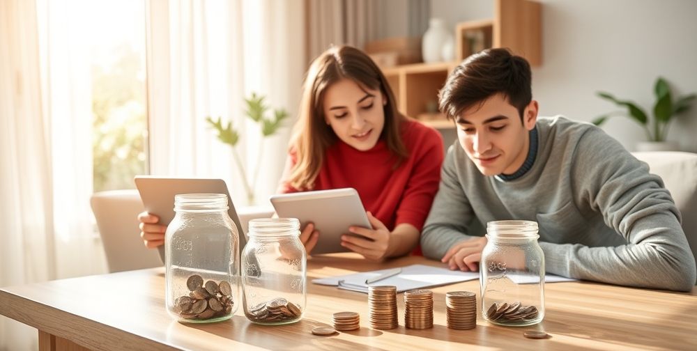Financial independence concept: A modern Iranian family at home, parents discussing expenses on a tablet, a teenager learning online, digital savings jars and coins on the table, sunlight fills the room.