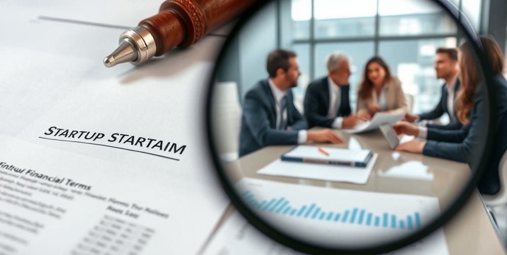 A close-up of legal documents, startup financial statements, a magnifying glass over equity charts, and a group of diverse investors discussing terms in a bright, modern conference room.