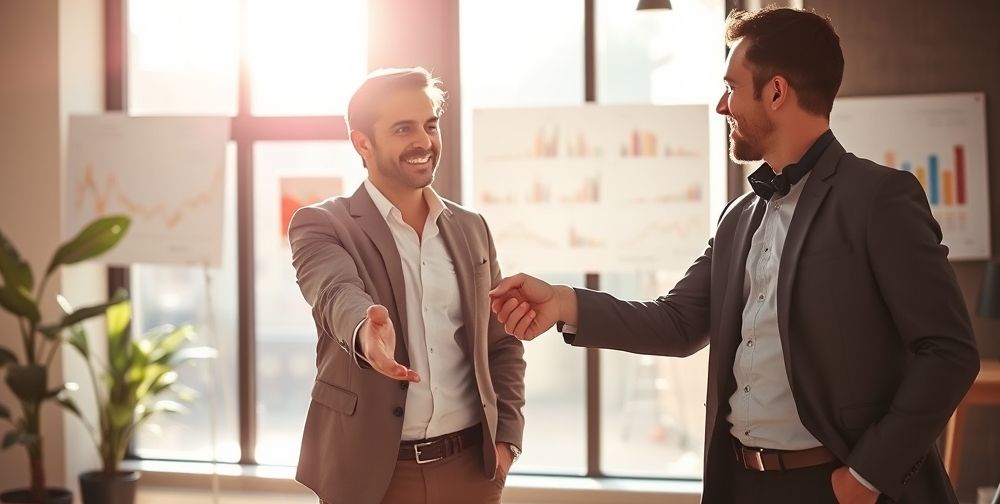 An optimistic investor shaking hands with a confident startup founder in a cozy office, sunlight streaming through large windows, business charts in the background, signifying partnership and trust.
