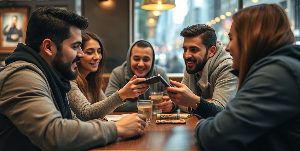 A close-up of a group of young Iranians gathered in a cozy cafe, engaging in a lively discussion while splitting a bill using a modern mobile payment application, with city lights in the background.