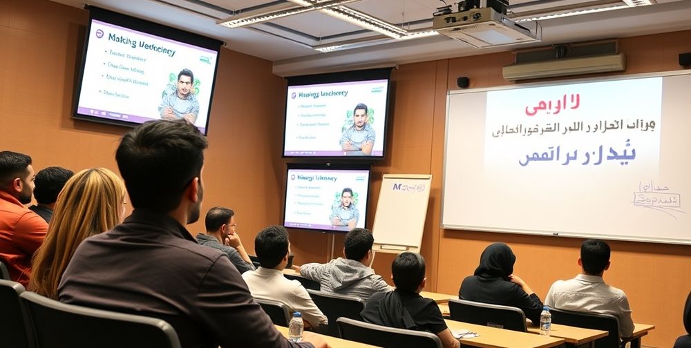 A dynamic scene showing Iranian youth attending a modern financial literacy workshop: presenters with slides on budgeting, investment, and risk management, attentive audience, and a whiteboard with Persian writing.