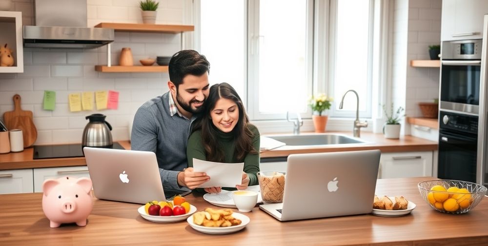 A hopeful morning in a contemporary Iranian family kitchen: a couple reviews their savings goals, surrounded by sticky notes, a laptop, a piggy bank, and vibrant breakfast dishes, all showing a sense of planning and optimism.