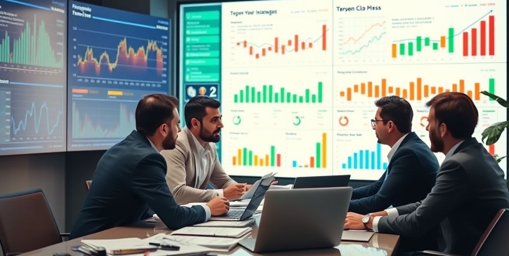 A team of Iranian accountants discussing colorful, comprehensive financial charts on large real and digital screens, with piles of papers and laptops, reflecting data analysis and teamwork in a modern office.