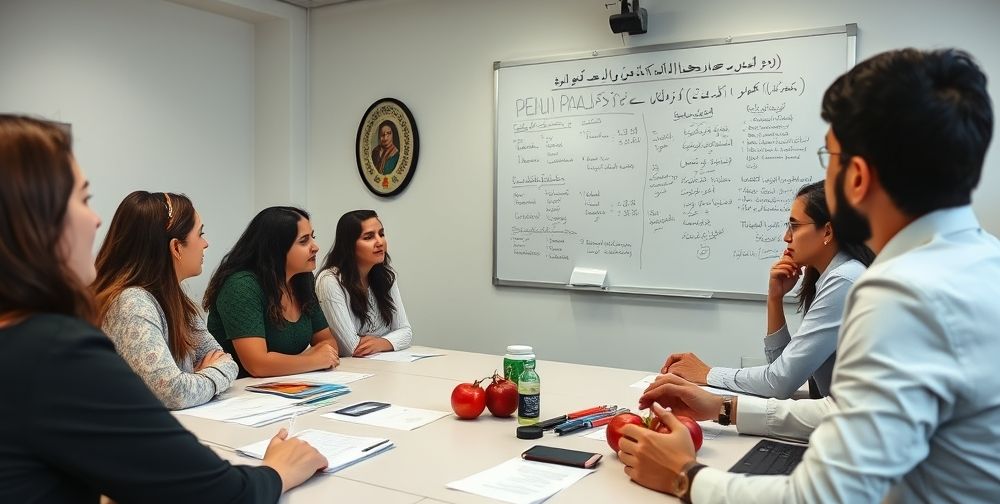 An Iranian accelerator workshop: founders, investors, and mentors in an interactive training session, whiteboard filled with business models and Farsi notes. Lively debate, visible gender diversity, and symbolic Persian elements like pomegranates and calligraphy art.
