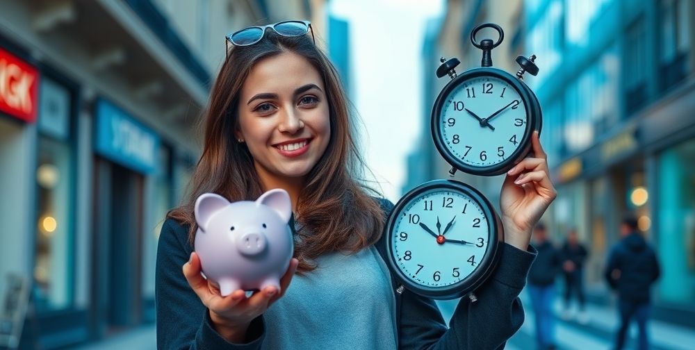 A modern young Iranian woman holding a piggybank in one hand and a clock in the other, standing confidently in a vibrant city street, showing balance of money and time.